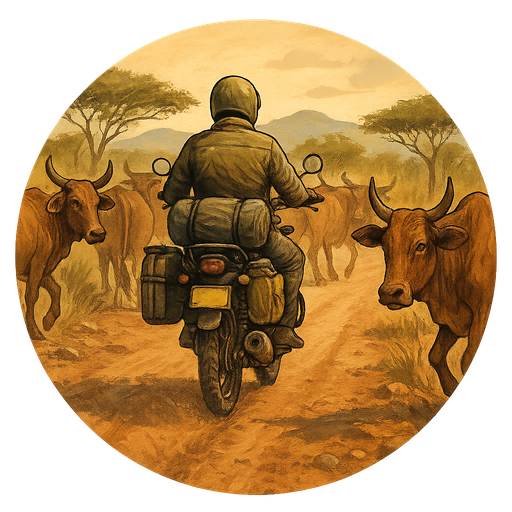 The Hoofermoo Project logo depicting a motorbike rider going down a cattle filled road to help empower rural entrepreneurs.