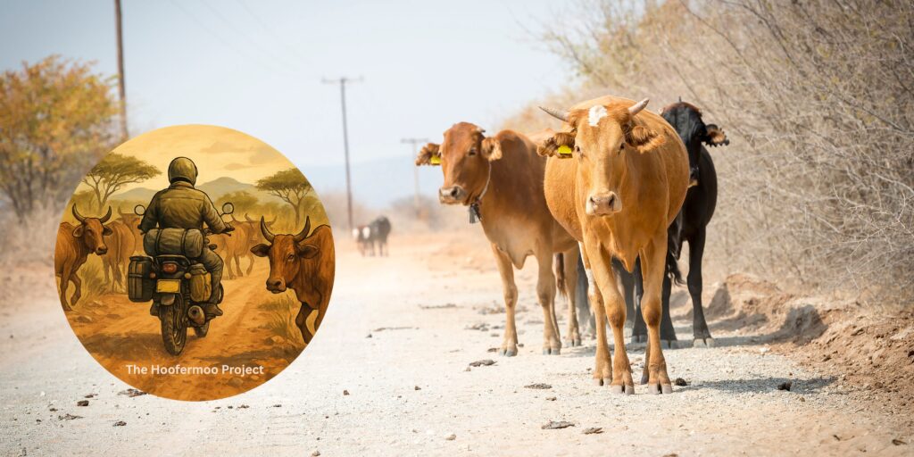 The Hoofermoo Project image showing cows on a dusty african road and the company logo helping rural businesses.